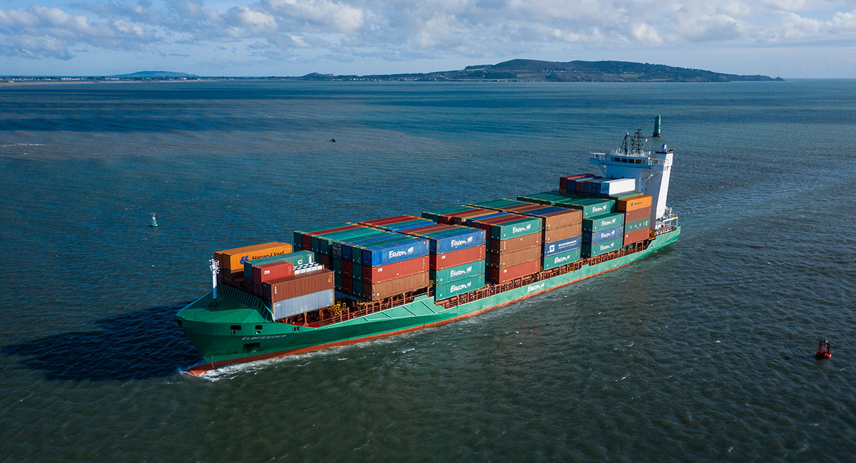 Dublin / Ireland - August 2020: Aerial view of container Ship container Ship Elbfeeder